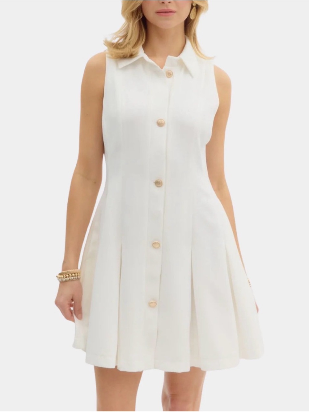 entro White Sleeveless Collared Dress with Gold Buttons with pockets